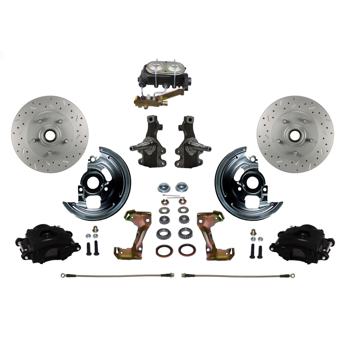 LEED Brakes Manual Kit with 2" Drop Spindles Drilled Rotors and Black Powder Coated Calipers